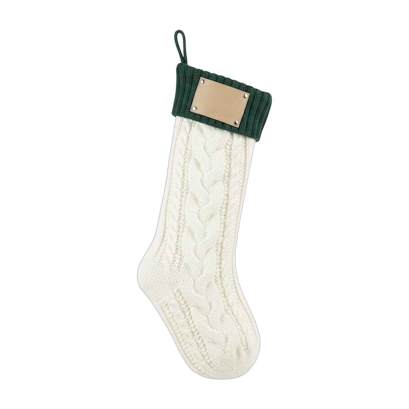 Knit Christmas Stocking with Leatherette Name Patch – Green Cuff + White