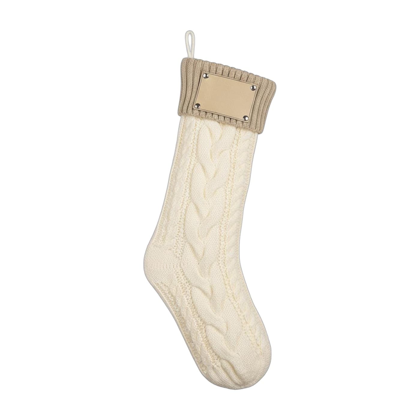 Knit Christmas Stocking with Leatherette Name Patch – Khaki Cuff + White