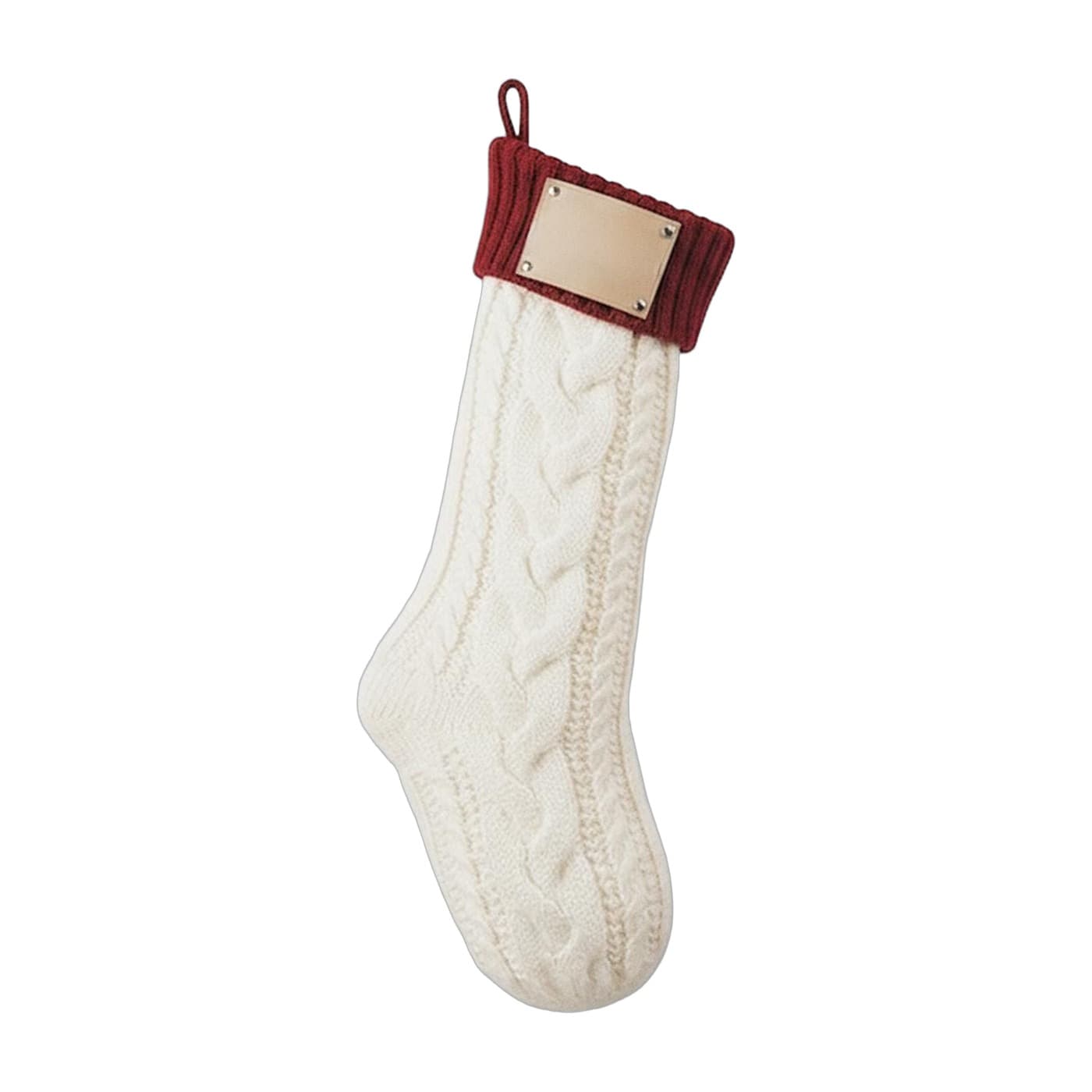Knit Christmas Stocking with Leatherette Name Patch – Red Cuff + White