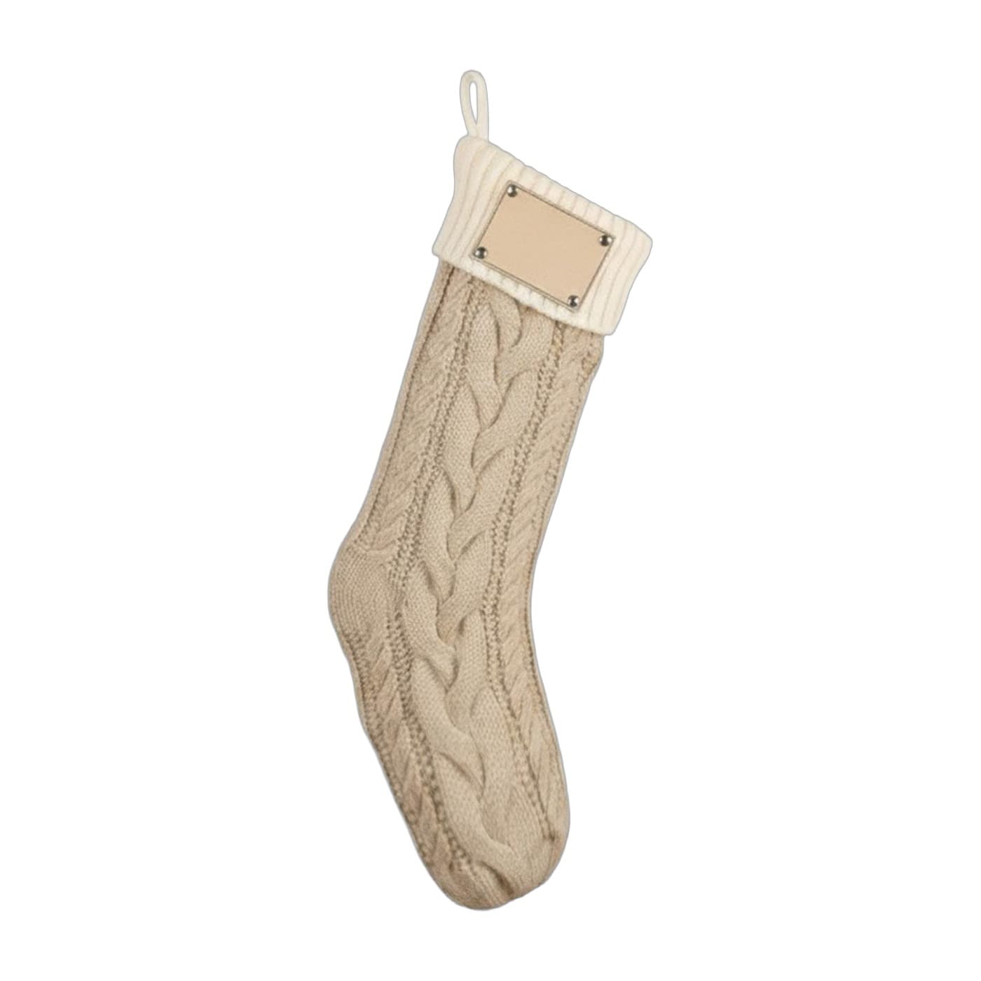 Knit Christmas Stocking with Leatherette Name Patch – White Cuff + Khaki