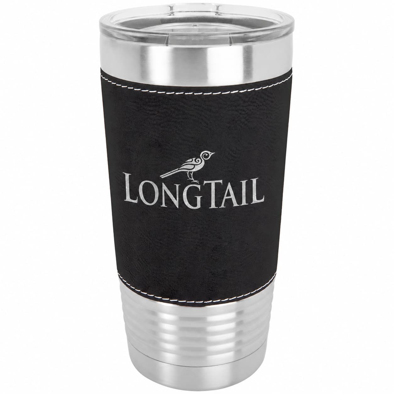 20 oz. Suni Deri Gripli Termos Bardak, Standart Kapaklı – Siyah/Gümüş