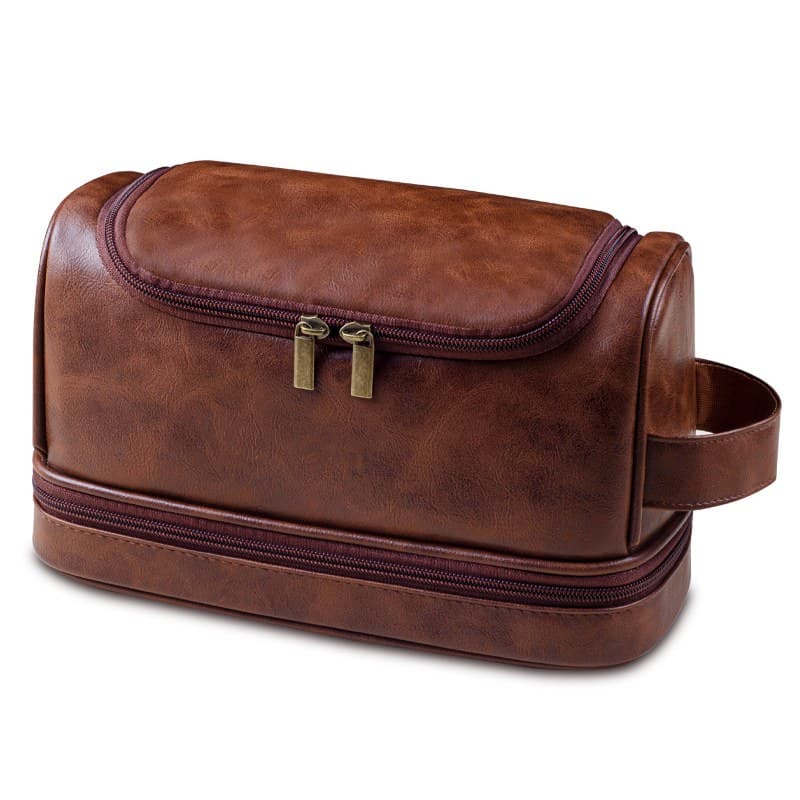Vintage Brown PU Leather Travel Dopp Kit – Double-Layer Hanging Toiletry Bag