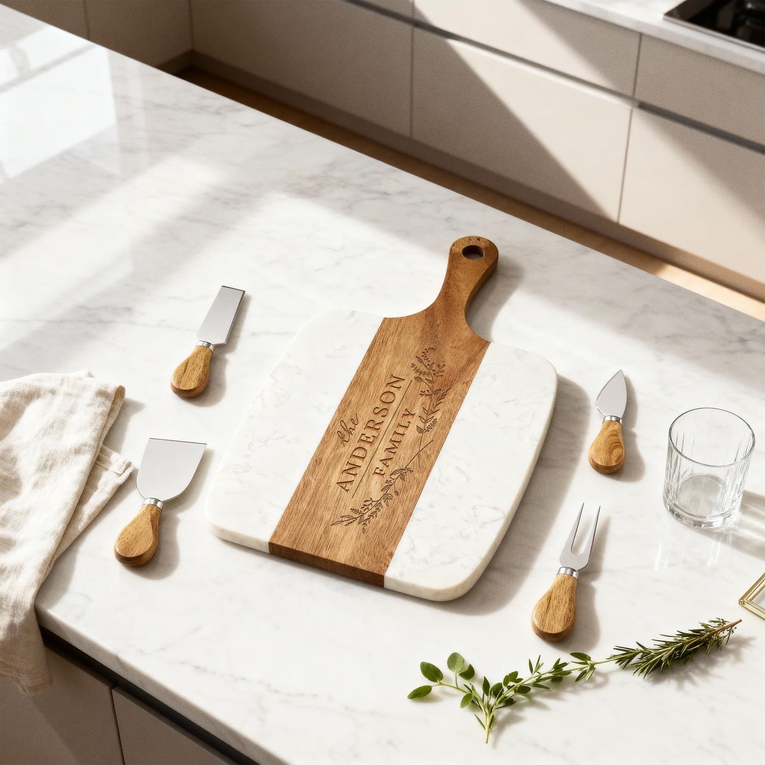Marble Serving Board Set – 5 Piece Set with Handle