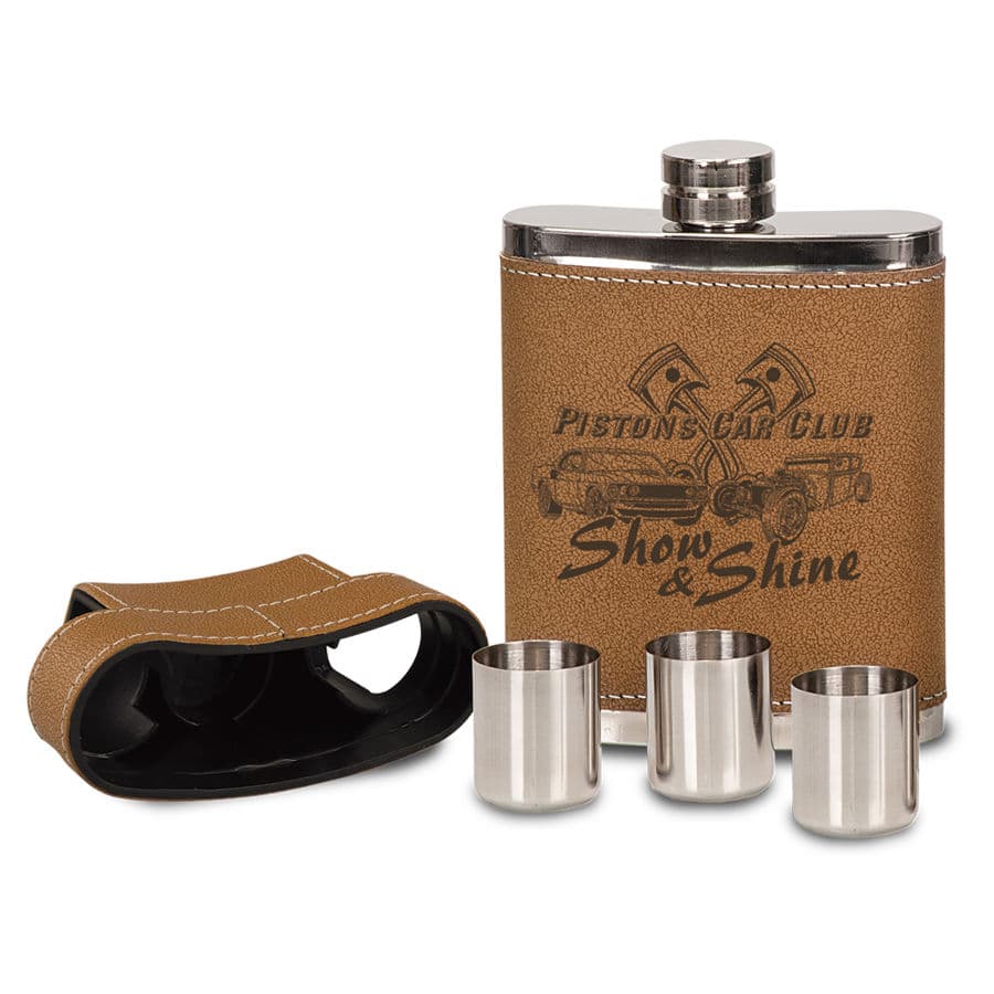 7 oz. Leather Wrapped Stainless Steel Flask Kit (3 Shot Glasses Stored in Lid) — view 1 of 2