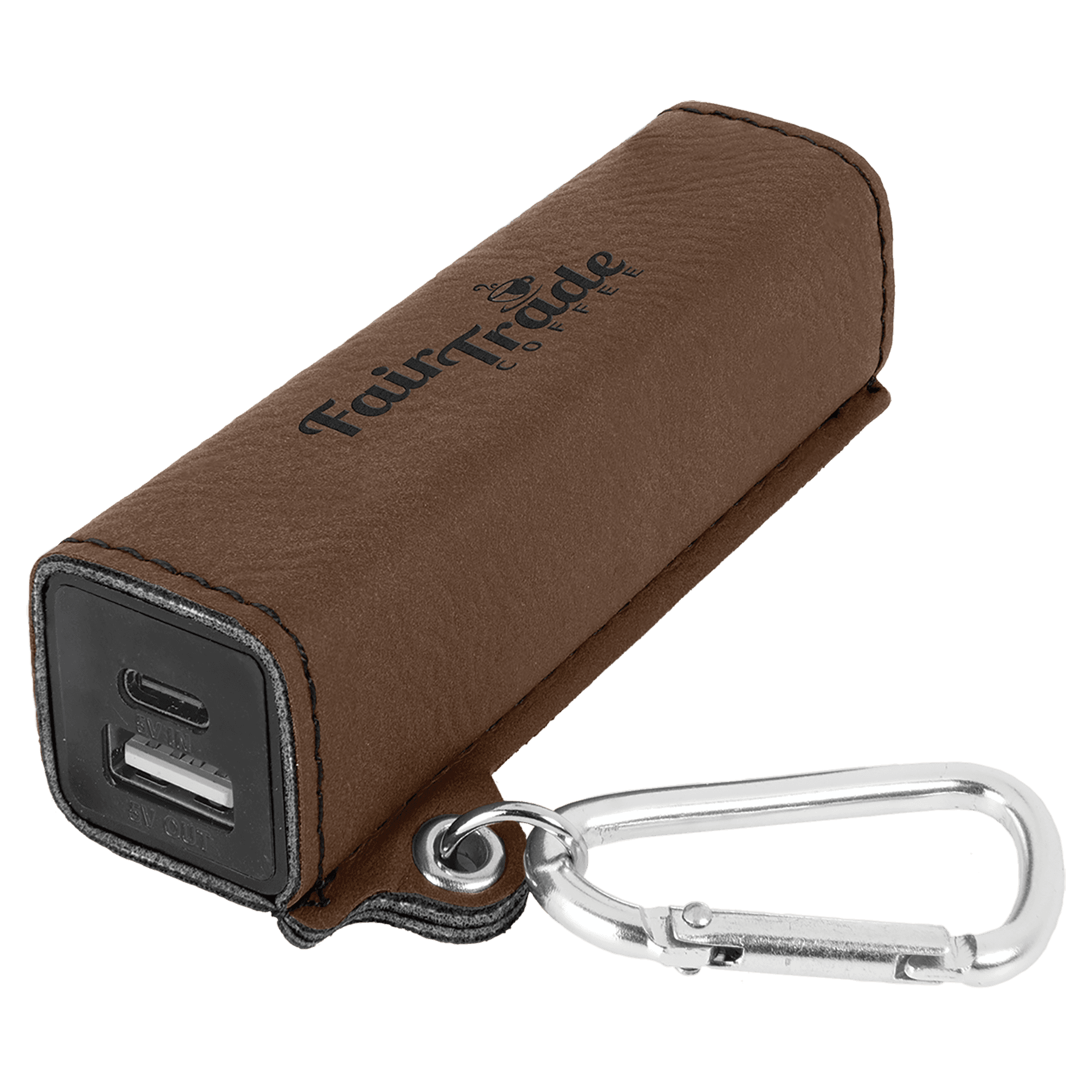 Dark Brown Leatherette 2200mAh Power Bank with USB-C Charging Cord and Carabiner — view 1 of 2