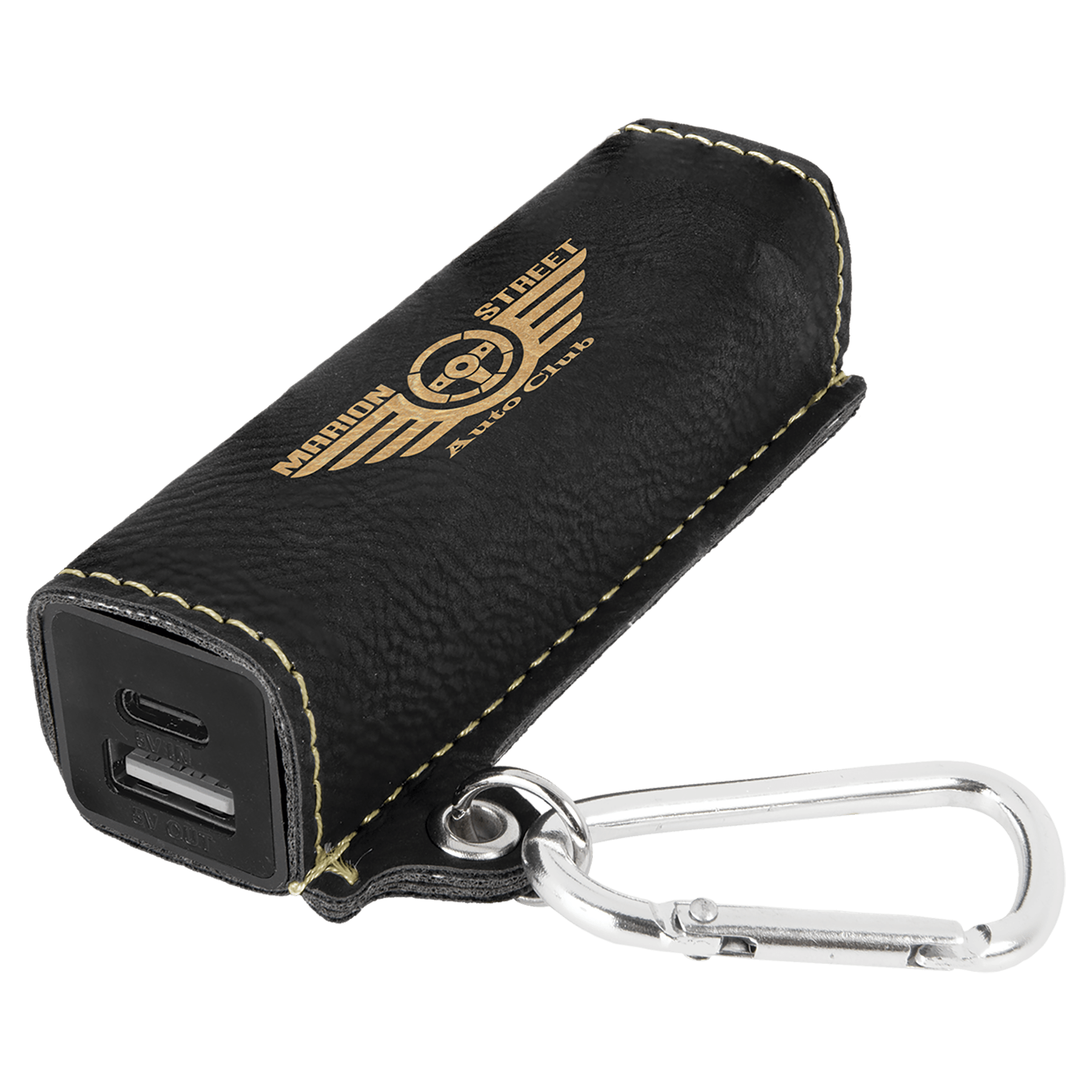 Suni Deri 2200 mAh Taşınabilir Şarj Cihazı, USB-C Kablo ve Karabina ile – Siyah/Altın — görsel 1/2