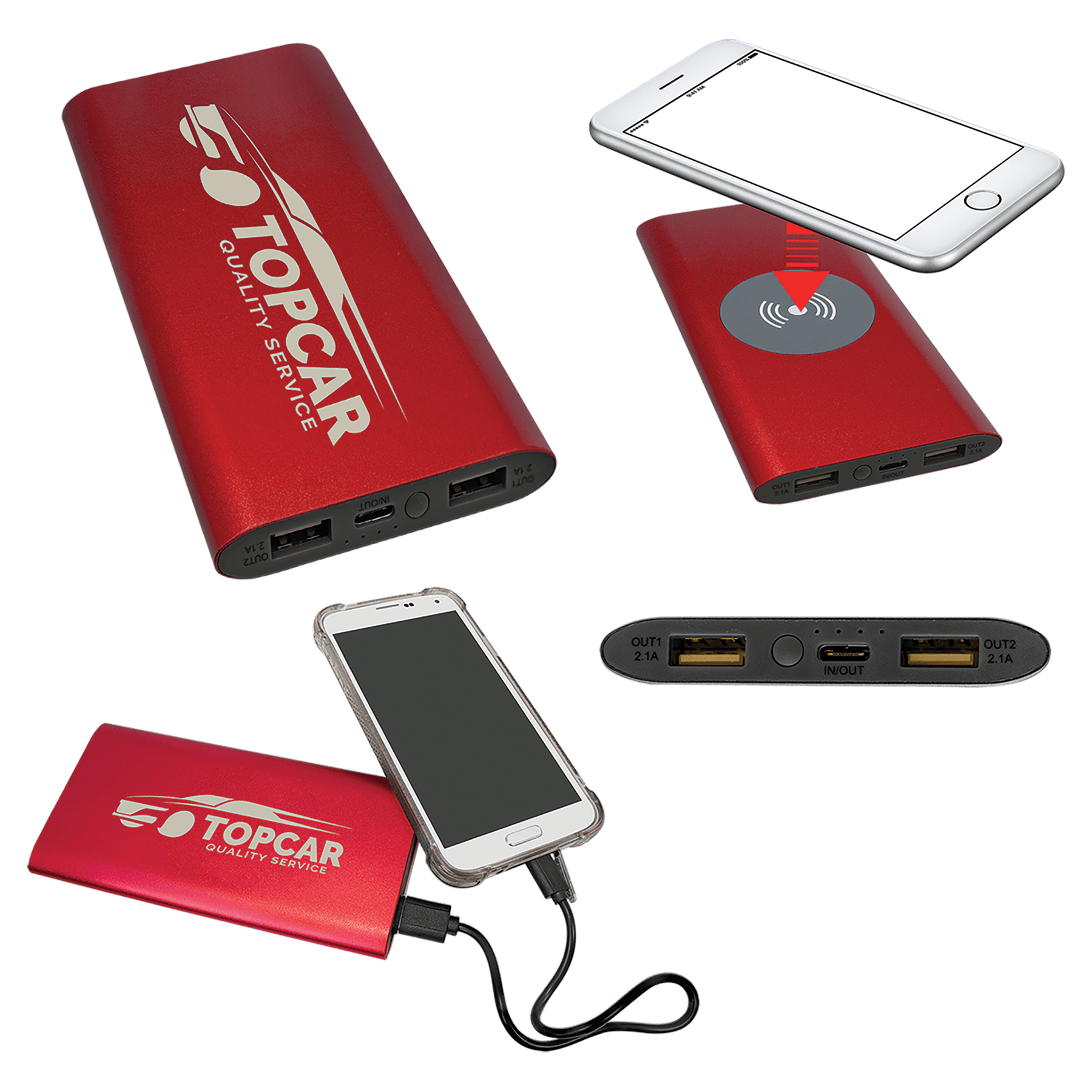 Kırmızı 8000MAH Taşınabilir Şarj Cihazı ve USB-C Kablolu Kablosuz Anodize Alüminyum Şarj Cihazı — görsel 1/4