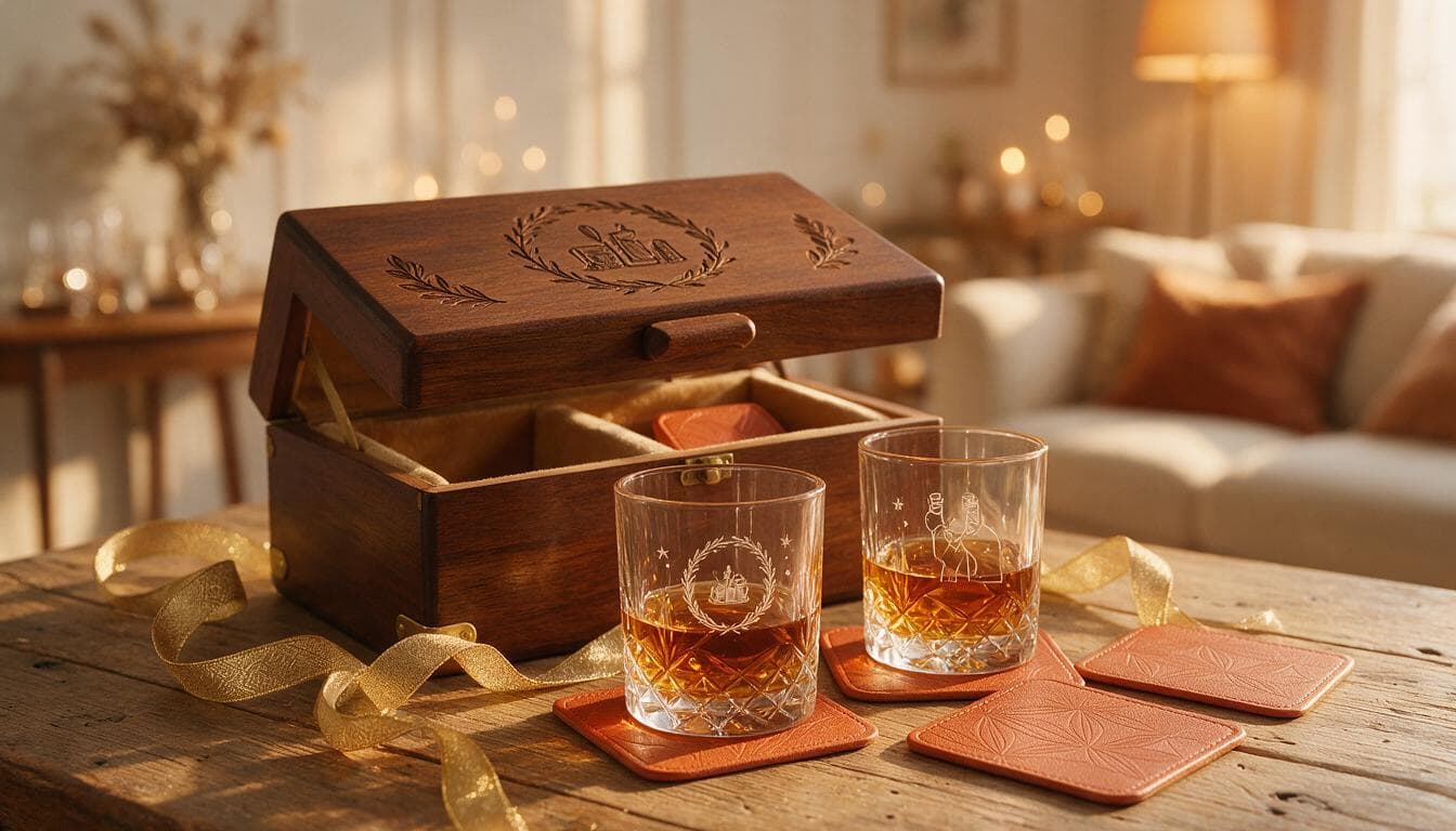 Engraved whiskey-glass gift set with wooden box and leatherette coasters