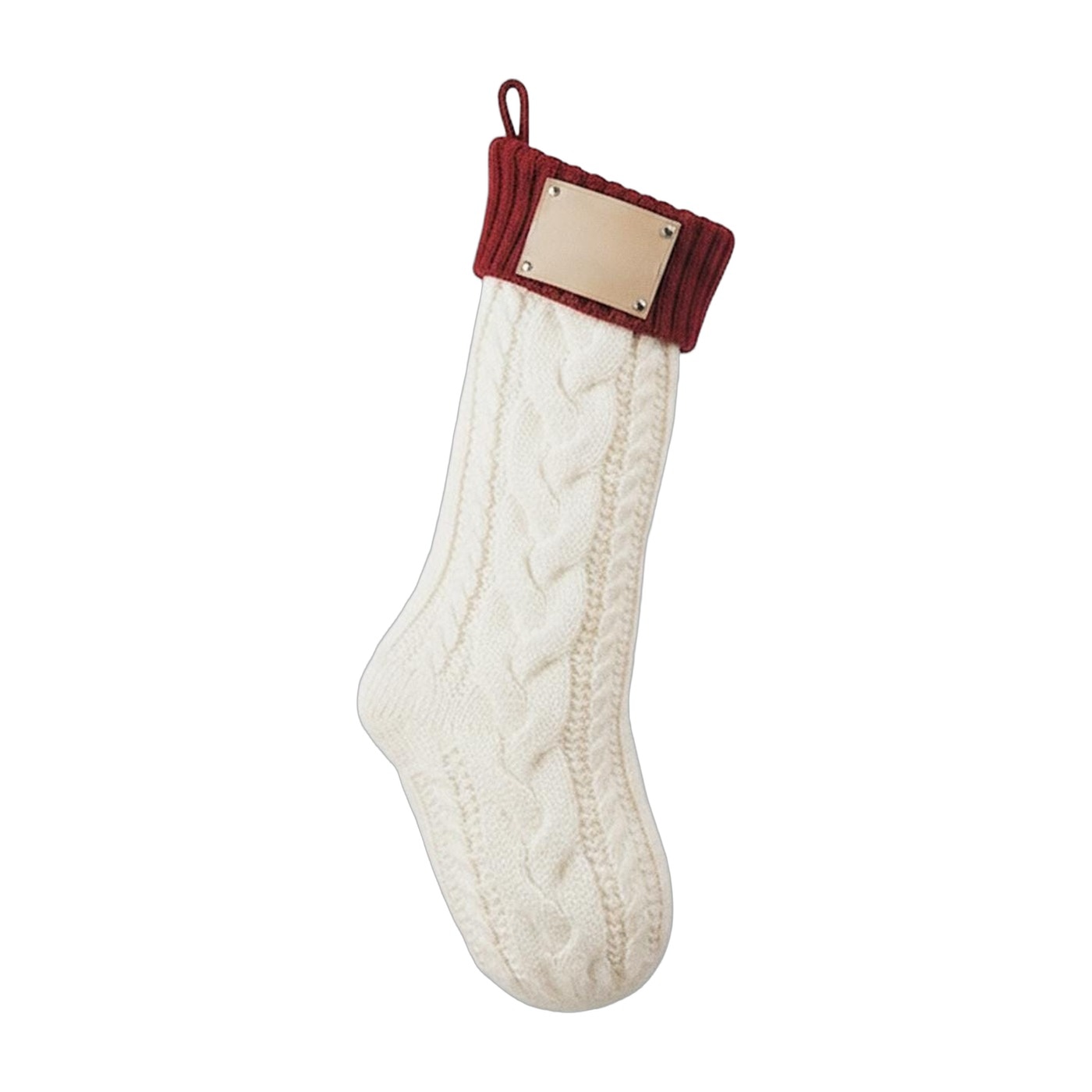 Knit Christmas Stocking with Leatherette Name Patch – Red Cuff + White — view 1 of 5