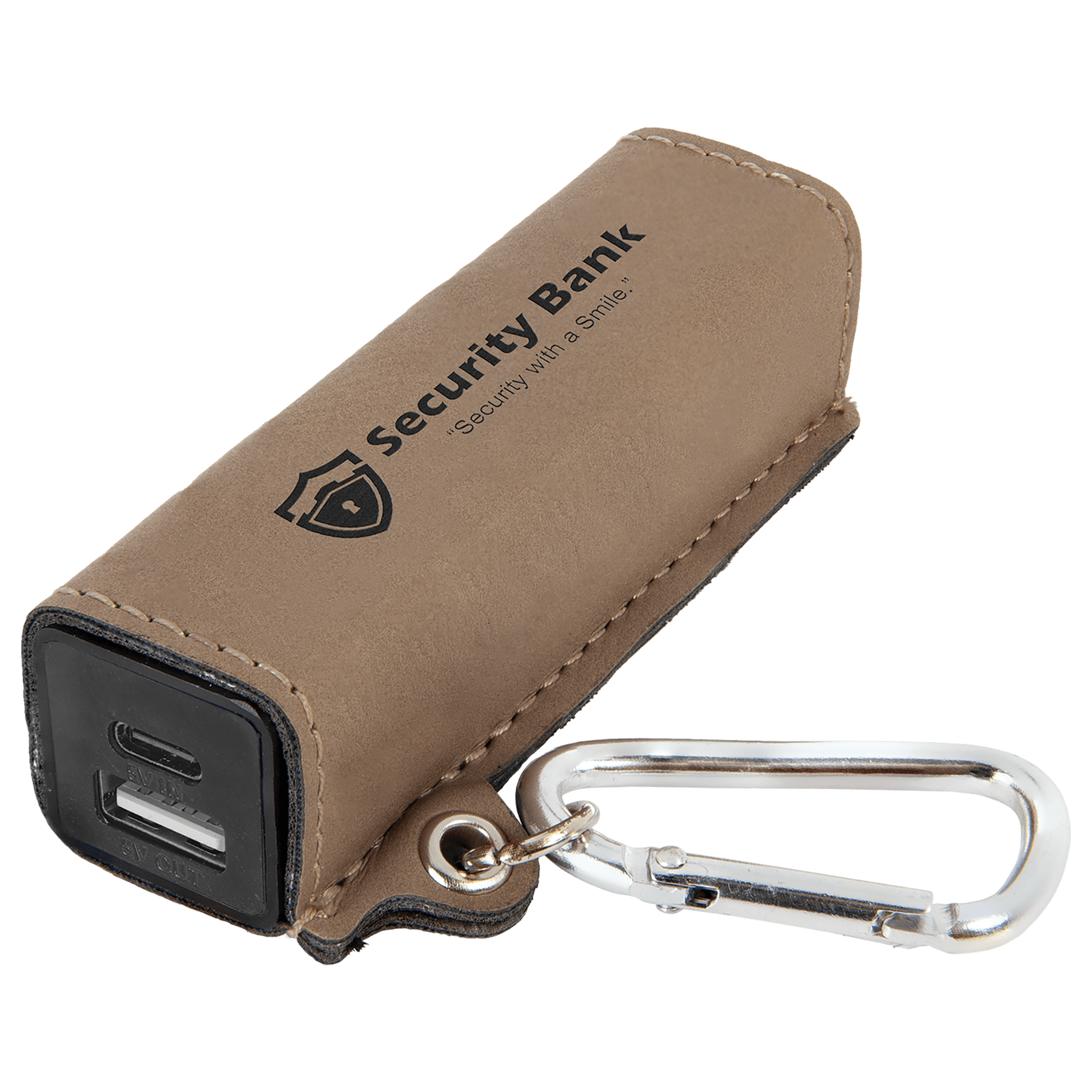 Suni Deri 2200 mAh Taşınabilir Şarj Cihazı, USB-C Kablo ve Karabina ile – Açık Kahverengi — görsel 1/2
