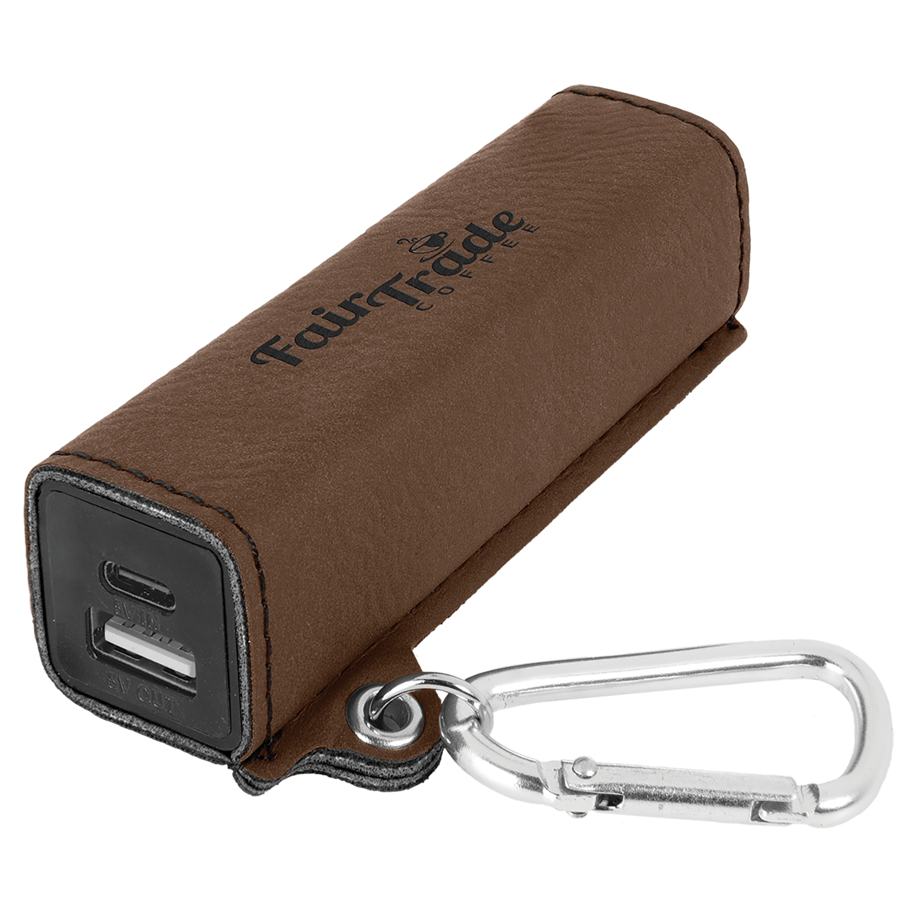 Suni Deri 2200 mAh Taşınabilir Şarj Cihazı, USB-C Kablo ve Karabina ile – Koyu Kahverengi — görsel 1/2