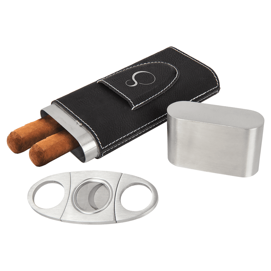 Leatherette Cigar Case with Cutter – Black/Silver