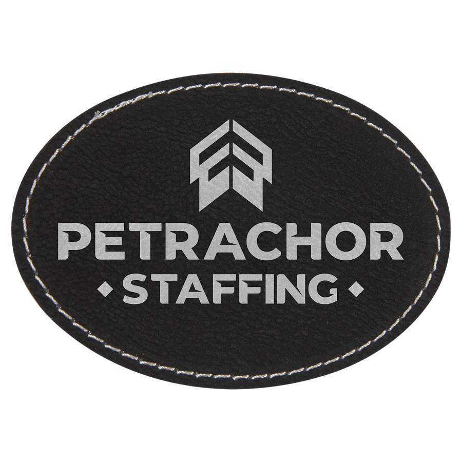 3 1/2" x 2 1/2" Oval Black/Silver Laserable Leatherette Patch with Adhesive
