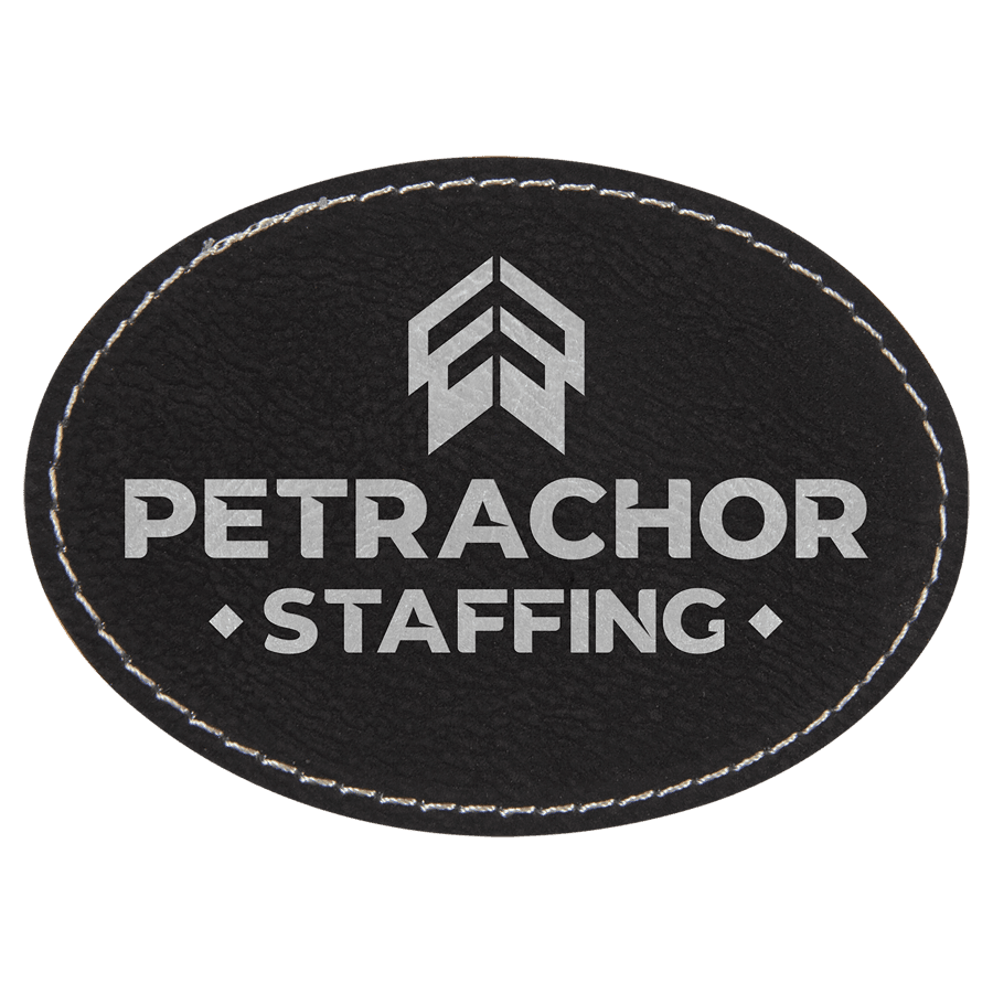 3 1/2" x 2 1/2" Oval Black/Silver Laserable Leatherette Patch with Kota Pro Adhesive