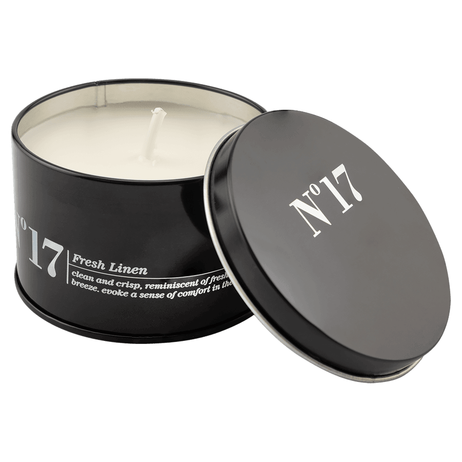5.3 oz. Crisp Linen Candle in a Black Metal Tin