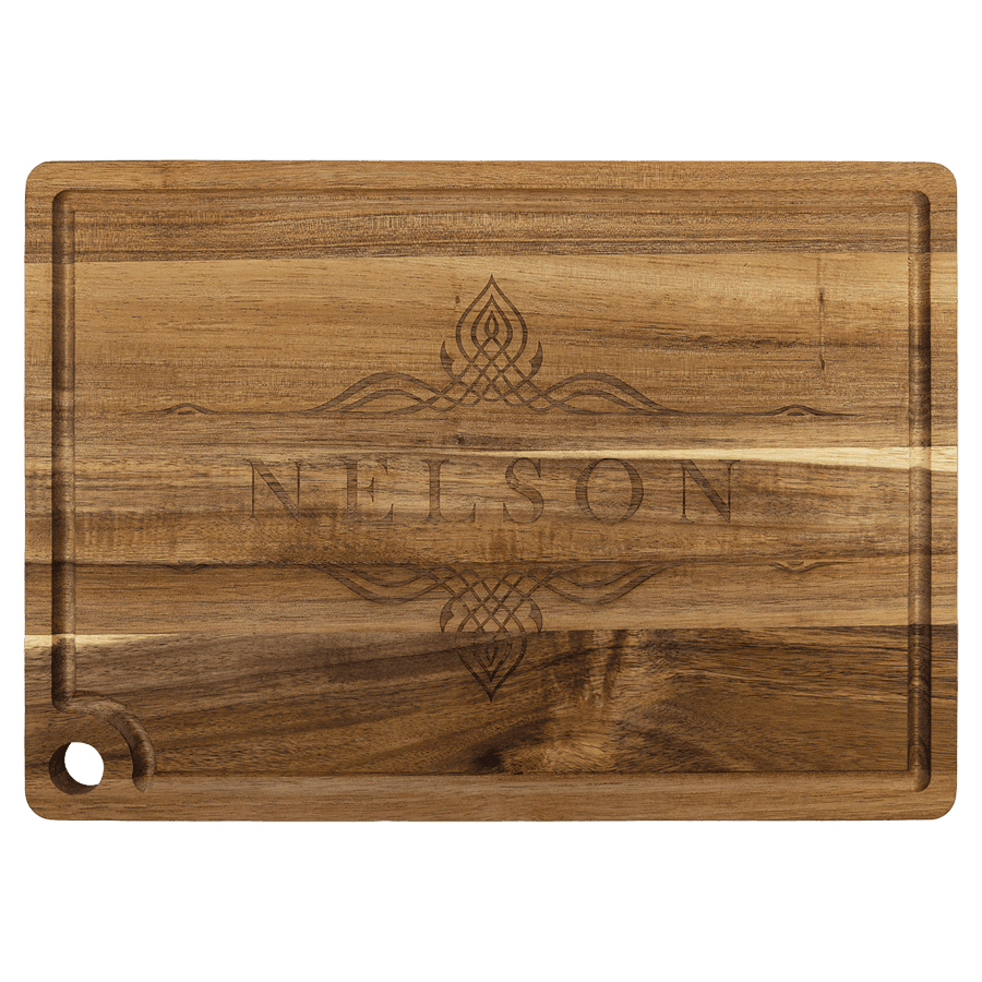 13 3/4" x 9 3/4" Acacia Cutting Board with Drip Ring and Corner Hole